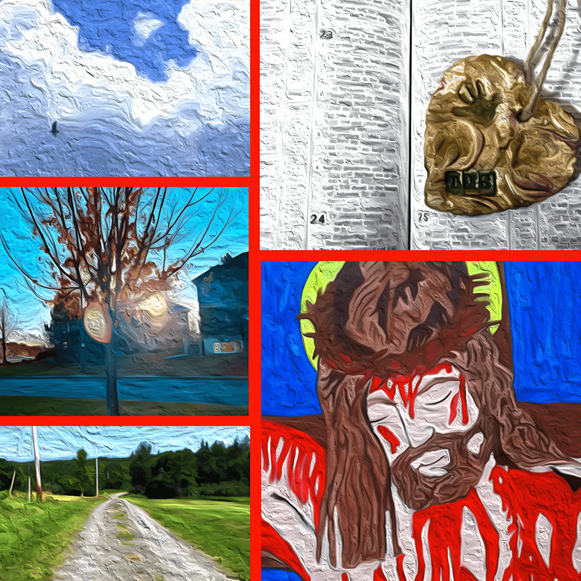 A composite of five participant photovoice images in a red-bordered grid.