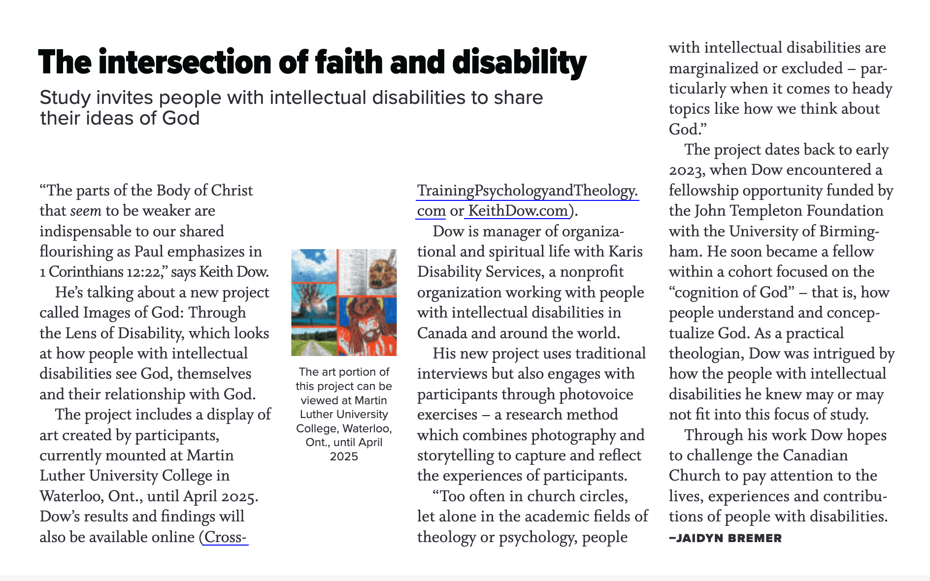 Screenshot of the Faith Today magazine article about the Images of God project.