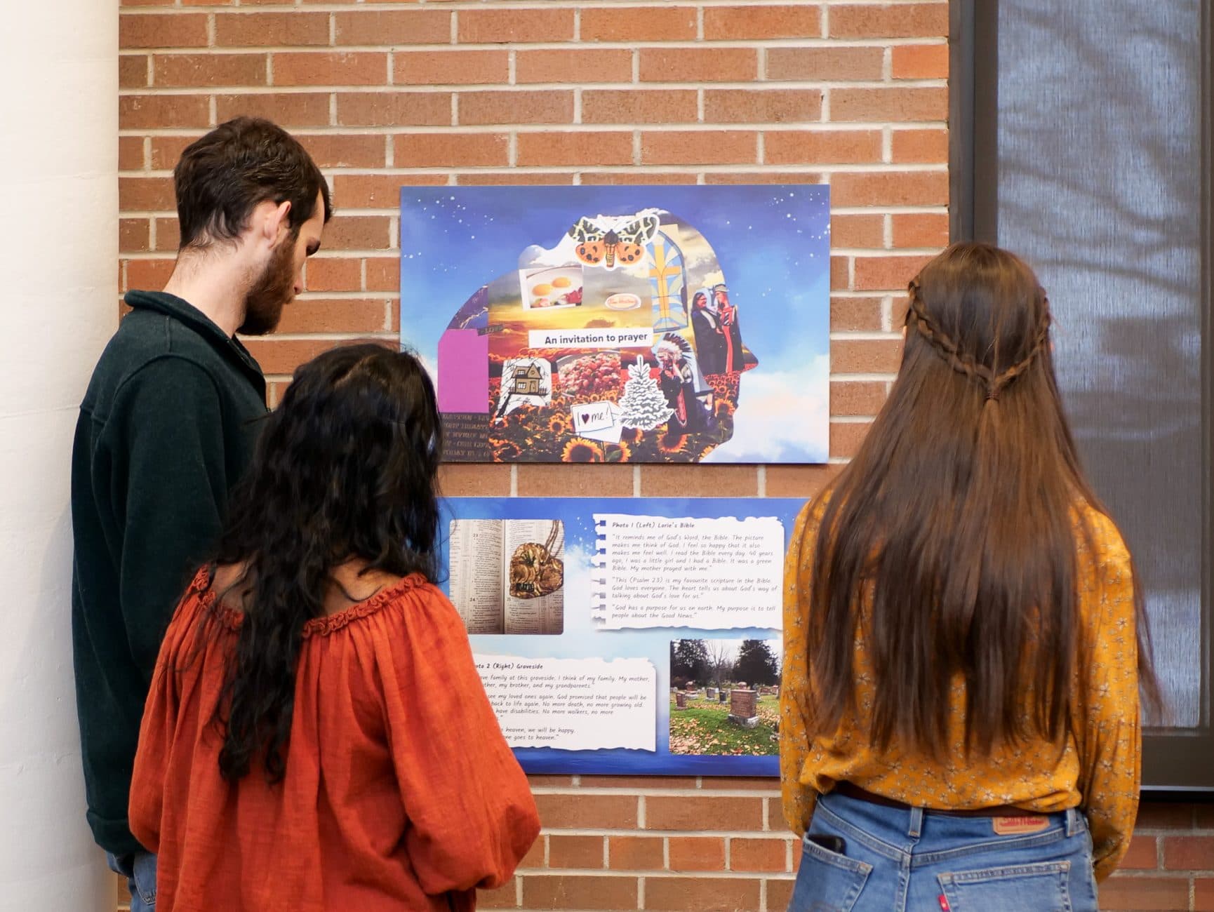 Three visitors at the Art & Vespers service view a collage and reflections.